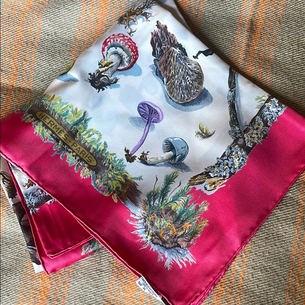 Authentic Hermès Paris Silk Scarf with Champignons Mushroom Watercolor vintage